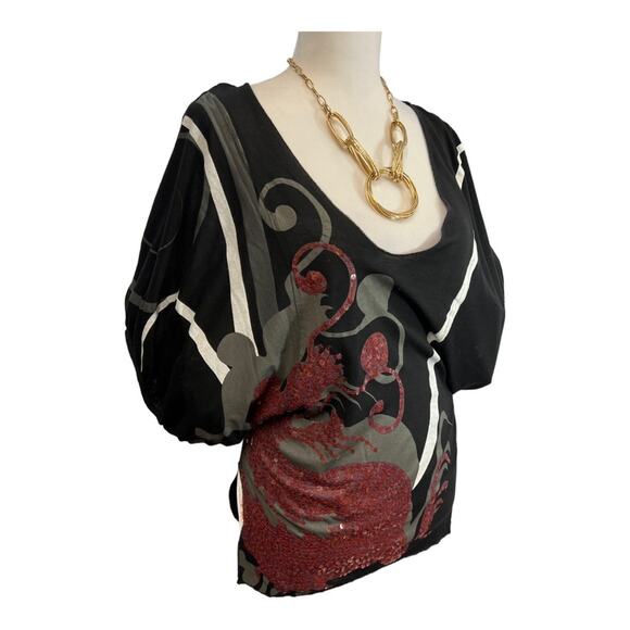 Burgundy Sequined Dragon Scoop Neck Puff Short Sleeve Top SZ S - Picture 7 of 12